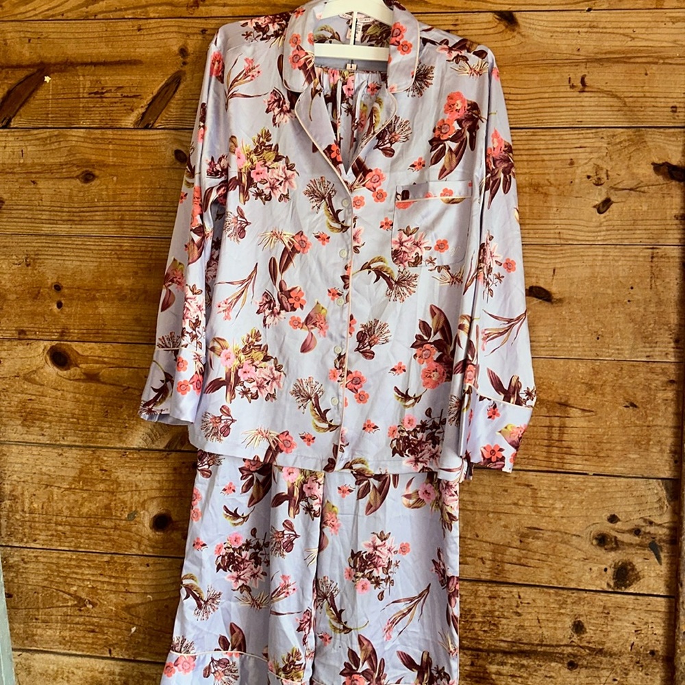 Victoria's Secret Light Blue Floral Pajama Set with Pink and Brown Accents